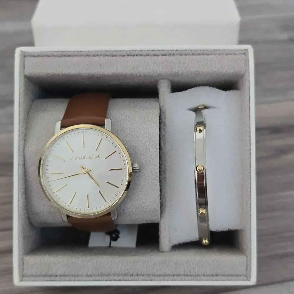 Michael Kors MK4898 Pyper Leather Band Quartz Women's Watch Bracelet Set